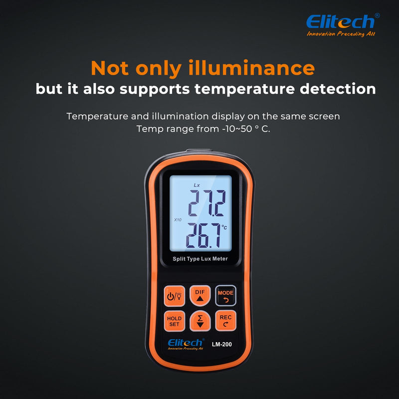 Elitech Digital Light Meter LM-200, Handheld Illuminance Meter with LCD Display, 200,000 Lux Range, Temperature Measurement