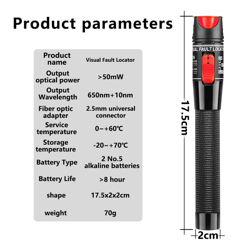 50 MW FTTH Fibre Optic Tester, Visual Fault 50 km Locator Fibre Optic Cable Tester Fibre Optical, VFL Fibre Optic Tester, Fibre Optic Cable Tester with Singlemode 9/125 um FC Male to LC Female Adapter red