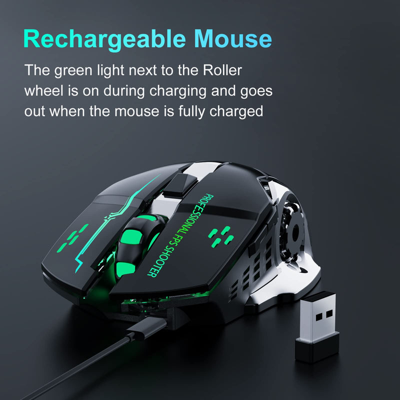 QELIROKY QV13 New 2.4G Wireless Rechargeable Gaming Mouse Silent Click with 6 Buttons, 3 Adjustable Levels DPI , Colorful LED Lights for Laptop, iPad, MacOS, PC, Windows, Android (Black)