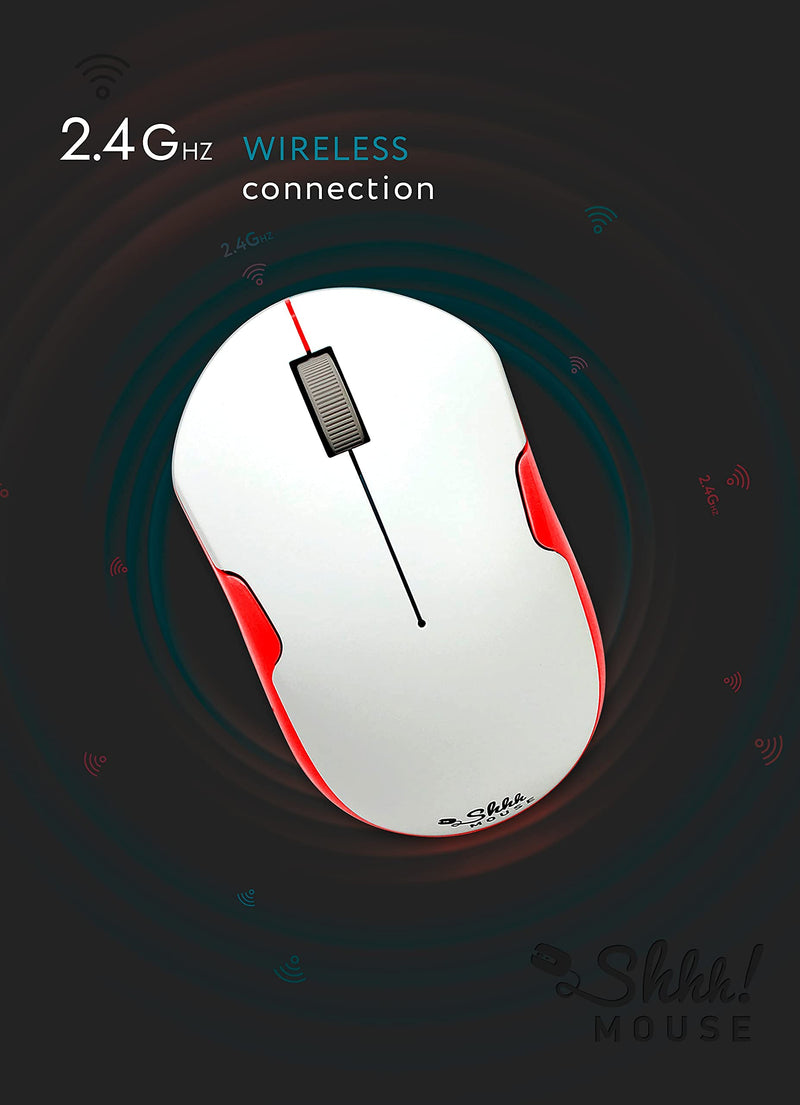 ShhhMouse Wireless Silent Noiseless Clickless Mobile Optical Mouse with USB Receiver and Batteries Included, Portable and Compact, for Notebook, PC, Laptop, Chromebook, Computer, MacBook (White/Red) White/Red