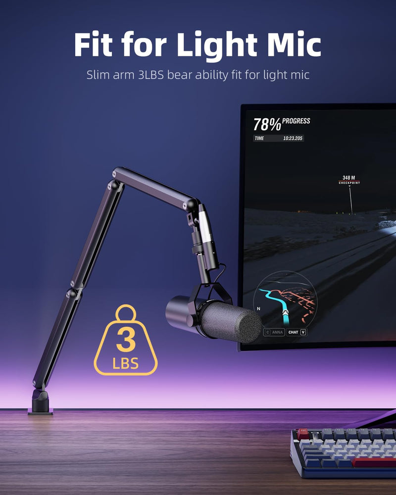 TODI Mic Arm for Lightweight Mics, Microphone Arm Rotatable, Storable Desk Mic Stand for Bear 3LB with Mount Clamp, Mic Stand Boom Arm with Cable Channel with 3/8'' 5/8'' Thread for Podcast, Gaming Black