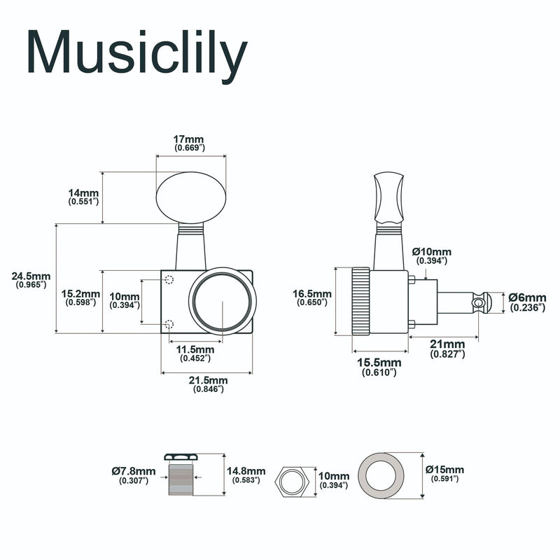 Musiclily Pro 6-in-line 18:1 Ratio 2-Pin Full Sealed Locking Machine Heads Tuners Tuning Pegs Keys with Vintage Oval Button for Fender Strat Tele Style Electric Guitar, Chrome 6R Chrome