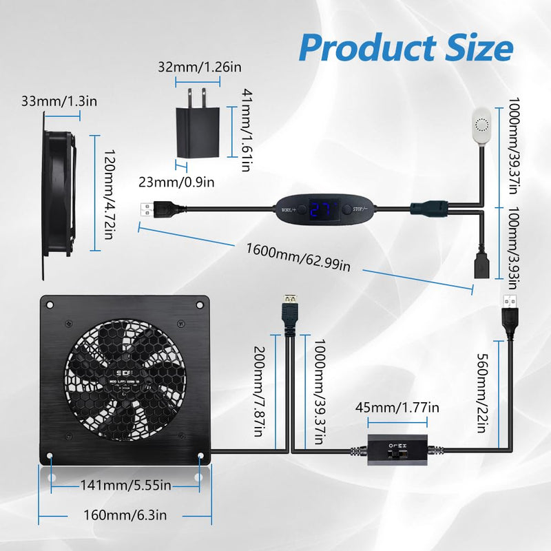 120mm USB Quiet Cabinets Cooling Fan System 6" with 0-60℃ Adjustable Thermostat Control, for Home Theater AV Cabinets,Plant House, pet Kennel Thermostat(0-60℃)+1pcs 120mm FAN