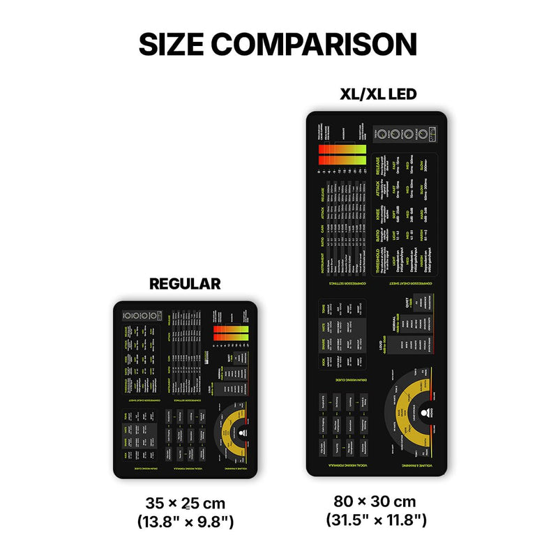 Mixing & Mastering Cheat Sheet Mousepad – 35×25cm (13.8"x9.8") & 80×30cm (31.5"x11.8") – Studio Desk Mat for Music Producers, DJs & Engineers – LED Version Available XXL with LED (800x300mm)