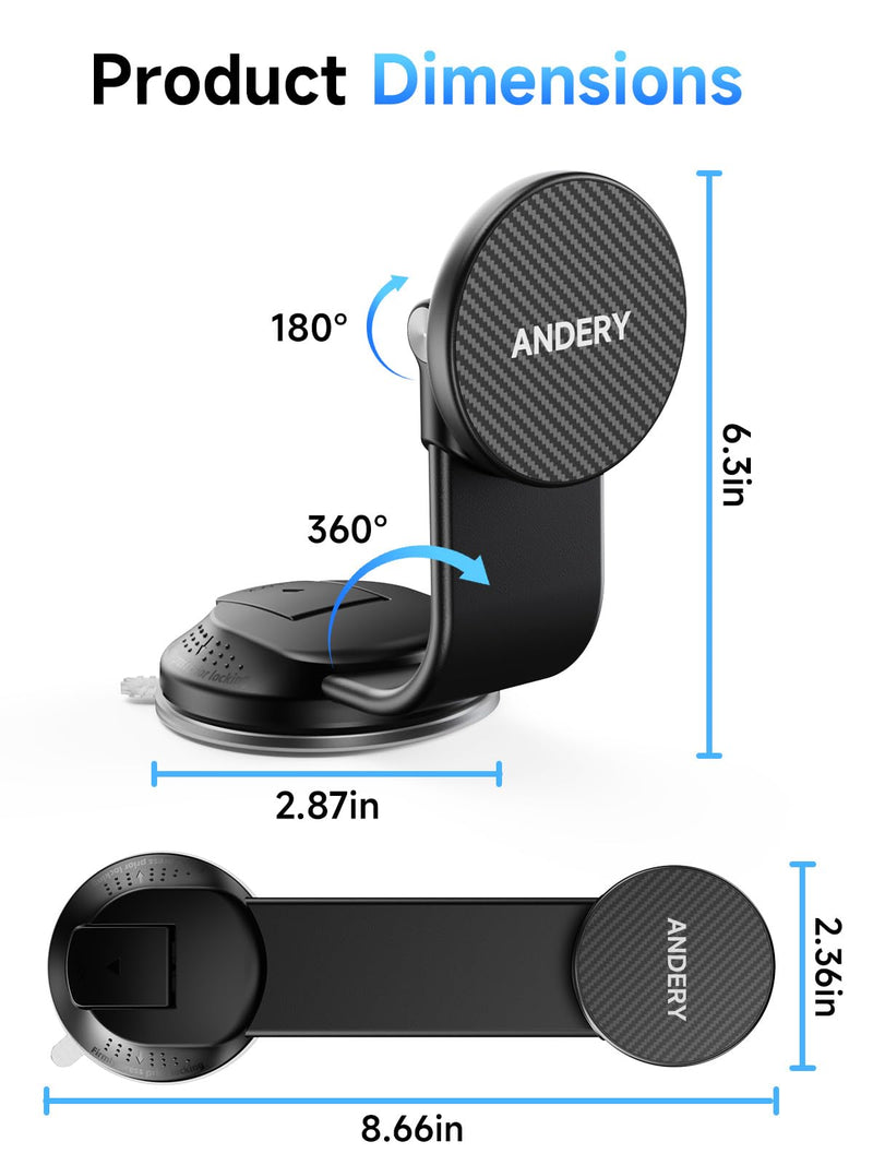 ANDERY Only for iPhone Magsafe Car Mount [360° Adjustable Memory Alloy Arm] | 2400gf Strong Magnetic Power, Bendable Phone Holders for Your Car, Car Phone Holder with Dashboard Pad, for iPhone 17-12