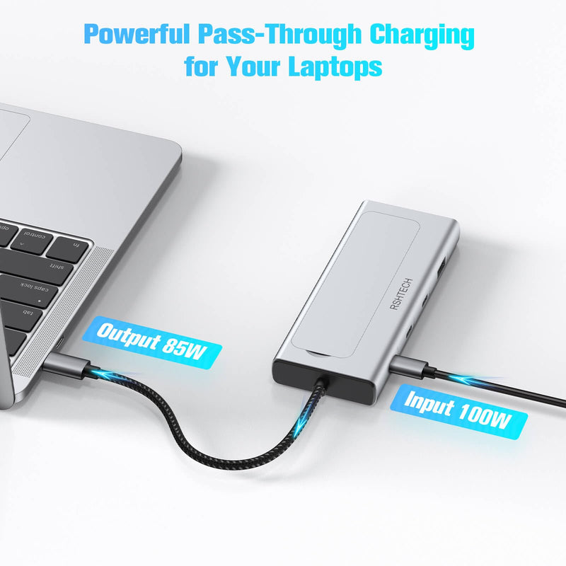 RSHTECH 5-in-1 USB C Hub with M.2 NVMe/SATA SSD Enclosure | 10Gbps USB Data Ports (1A + 2C) and 100W Power Delivery, Aluminum USB-C Dock Dongle for MacBook, Laptops, RSH-D05P Silver