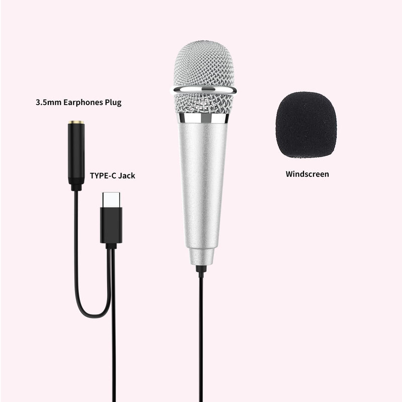 USB C Mini Karaoke Microphone for Android Phone, Laptop, Tablets Small ASMR Microphone for Voice Video Recording Singing, Vlogging, Podcasting YouTube (1 PCS Silver)
