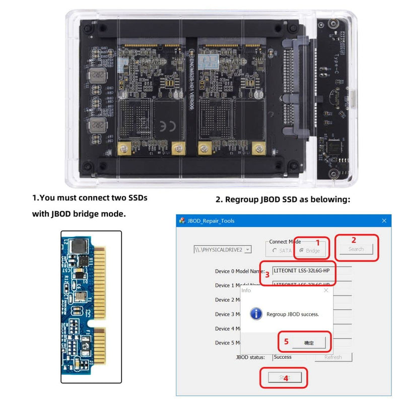 ChenYang MSATA SSD 2 in 1 Combo JBOD Adapter with 2.5" USB C Hard Drive Enclosure 2 MSATA to SATA with White Enclosure