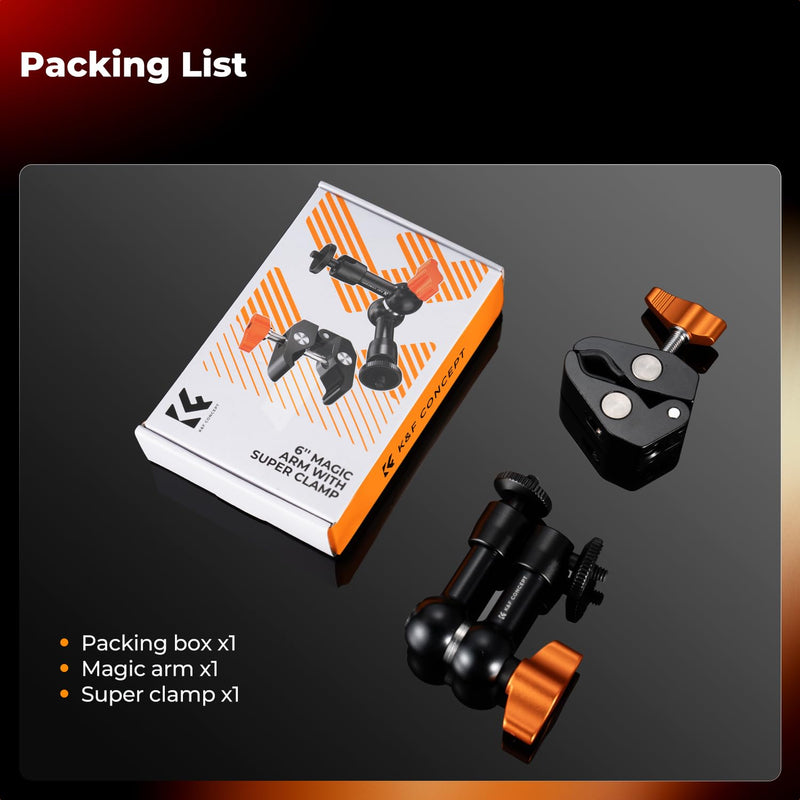 [AUSTRALIA] - K&F CONCEPT 6" Magic Arm Clamp with Super Clamp, 360°Ballhead Articulating Mini Arm for Monitor, LED Light, Webcam, Action Camera 6" with Clamp 