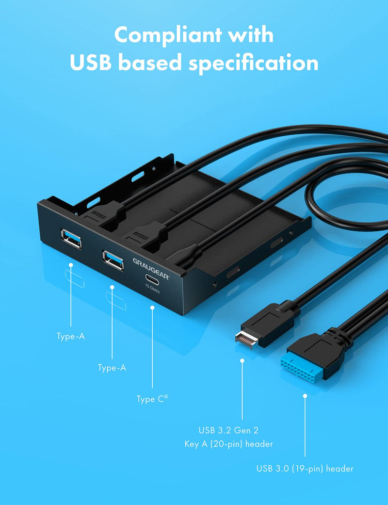 GRAUGEAR 3.5 Inch Front Panel Hub, Internal Multi USB Slots of USB 3.2 Gen 2 USB-C and 2 USB 3.0 Ports, 20-Pin USB 3.2 Key-A Header Required, Fits 3.5" PC Computer Case Front Bay [G-MP01]