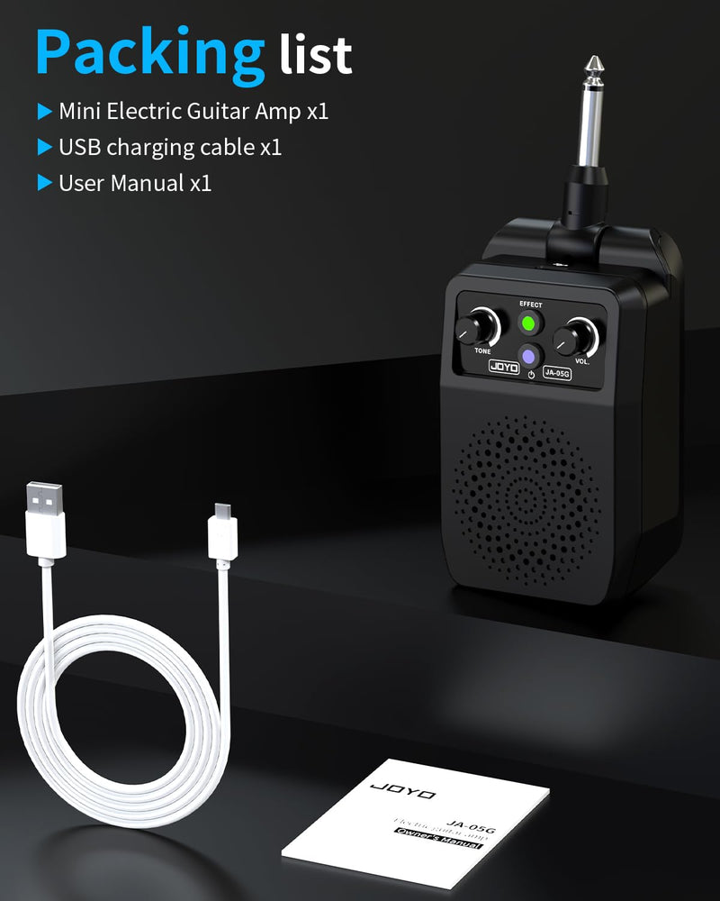 JOYO Mini Guitar Amp 5W Portable - Rechargeable Bluetooth Combo Amplifier with Built-in Effects (Clean, Overdrive, Distortion, Reverb) Compact Practice Amp for Electric Guitar Plug in, Black (JA-05G)
