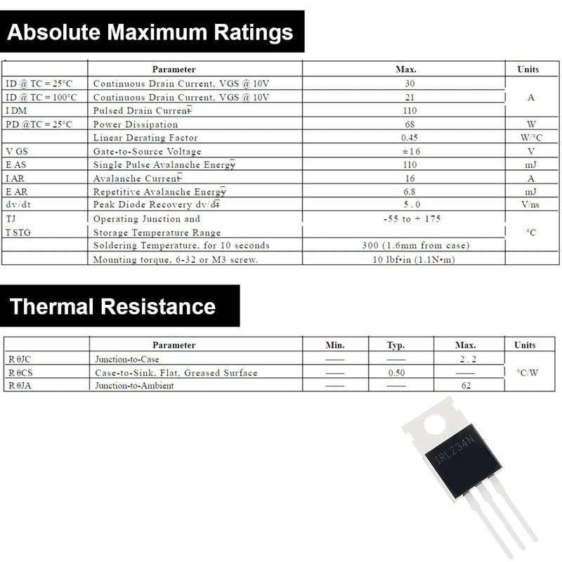 20 pcs IRLZ34N Mosfet Transistor N-Channel 30A 55V IRLZ34NPBF in-line MOSFET Transistor TO-220AB with Aluminum Heatsink Screwdriver Mounting Kits,for DIY
