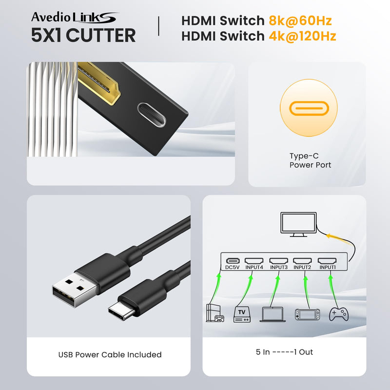avedio links 8K HDMI2.1 Switch with Remote 5x1, 5 in 1 Out HDMI Splitter with Remote, Auto Switch HDMI Selector Box Support 4K@60Hz, HDCP2.3, HDR, 3D, for PS5, Xbox, Fire Stick, Blu-ray, HDTV 8K 60Hz 5 to 1