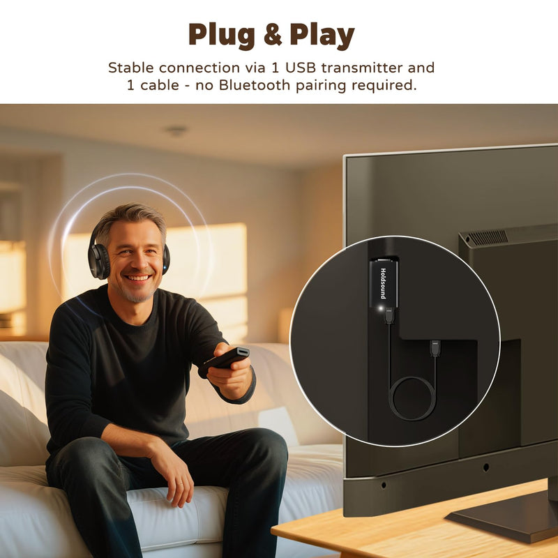 Holdsound BKM400 Wireless Headphones for TV Watching with USB Transmitter | Bluetooth TV Headphones Wireless, Strong Compatibility, Up to 165 ft, No Delay and High Volume Output, 40 Hours Battery Life Black
