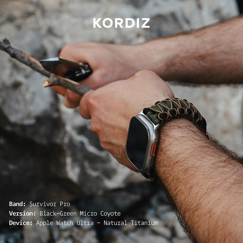 KORDIZ Survivor Pro - Nylon Paracord band for Apple Watch ULTRA 3, ULTRA 2/1 [49mm] & Series 11, 10, 9, 8, 7-1, SE3, SE2, SE [46mm 45mm 44mm 42mm] - with Stainless Steel Adjustable Shackle Black/Green & Micro Coyote Ultra Silver | Size M