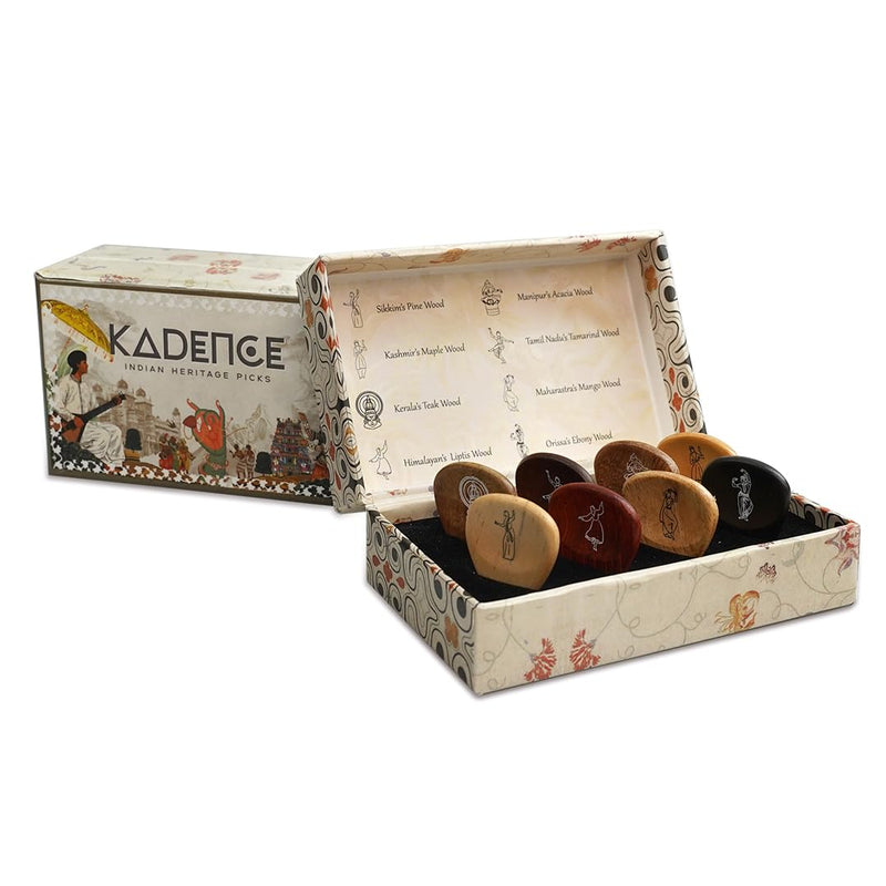 [AUSTRALIA] - Kadence Heritage Wooden Guitar Picks – Set of 8 Handmade Picks with Indian State Woods & Art – Includes Maplewood, Teakwood, Ebonywood – For Acoustic & Electric Guitars 