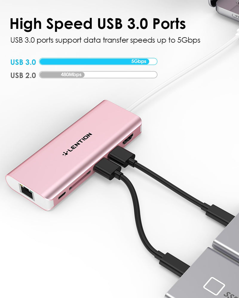 LENTION 6-in-1 USB-C Hub, 2 USB3.0, 4K@30Hz, Ethernet, Card Reader, 100W PD | Ideal for Work & Study, Stable Driver 3.0 Certified, Compatible with macOS, iOS/iPadOS, Windows & ChromeOS (C68, Rose Gold)