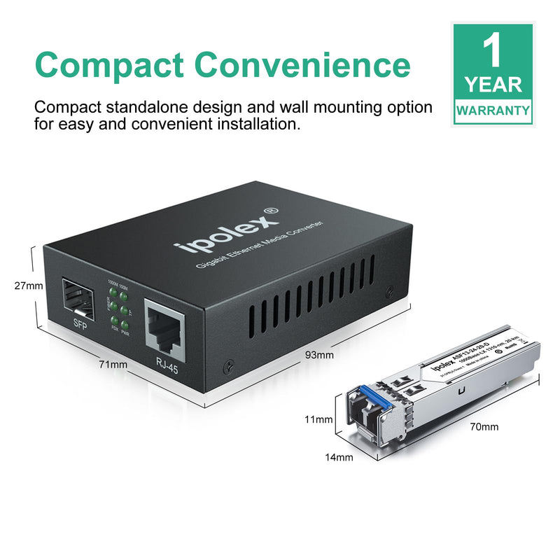 ipolex Gigabit Single-Mode LC Fiber to Ethernet Media Converter (SFP LX Modules Included),1.25G Fiber Media Converter, 1000Base-LX to 10/100/1000Base-TX, 1310nm, SMF, Transmission up to 20KM, 2 Pack Standard Kit #2: SFP 20km x2