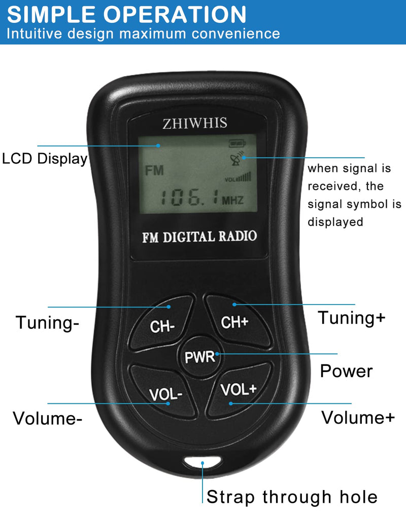 ZHIWHIS Mini Portable FM Radio, Stereo LCD Digital Display Tuning Pocket Walkmen Transistor Conference Receiver with Earphone, Small Pocket Radio Operated by AAA Batteries for Walking/Running Batteries not included