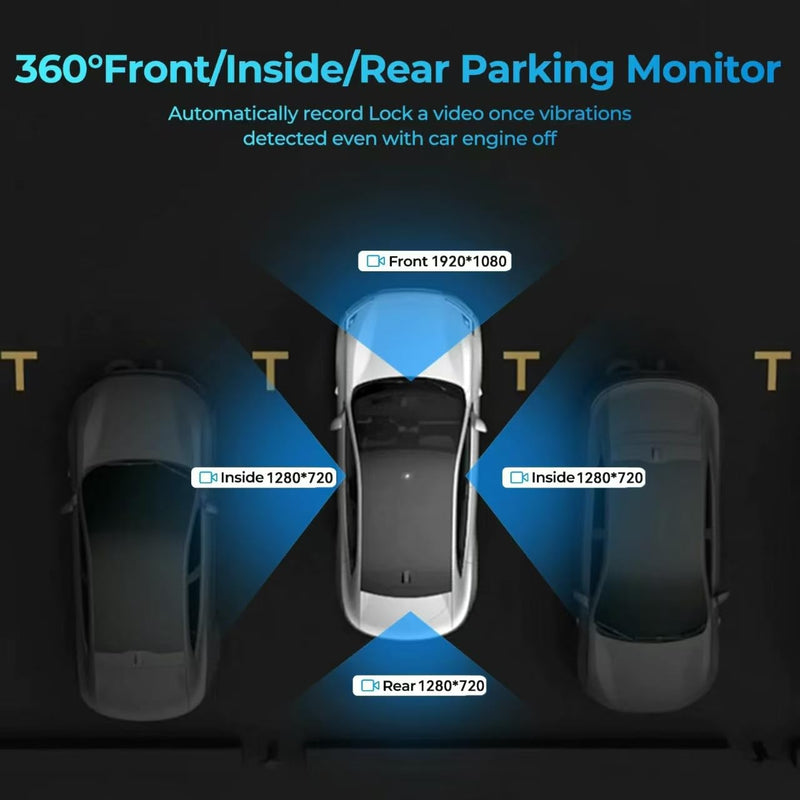 [AUSTRALIA] - 4 Channel Dash Cam 360° View, Include Front & Rear Left Right Camera Support 4 Way Recording, 32GB Card, 3” IPS Screen/Night Vision/WDR/24H Parking/G-Sensor（2G/4G/8G / 3 Split Screen (4 Channel) 