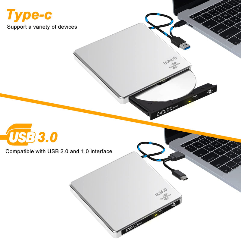 External CD DVD Drive LightScribe CD/DVD +/-RW Burner Player Writer Optical Disk Reader Portable CD DVD Drive for Laptop Mac MacBook PC Windows 11 10 Linux OS Silver