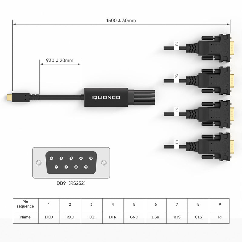 Type-C to 4 Ports RS232 Serial Adapter Cable Converter with FTDI Chip,USB-C to 4X DB9 9-Pin Serial Cable for Windows, Linux, Mac, POS, Router（5FT） C-4DB9
