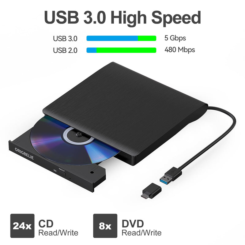 ORIGBELIE External CD/DVD Drive for Laptop, USB 3.0 CD ROM DVD +/-RW Burner | Portable External DVD Optical Disk Drive Player Reader Writer for Desktop PC Macbook iMac Mac Windows 11/10/8/7/XP Linux OS 5.6" x 5.8" x 0.7"