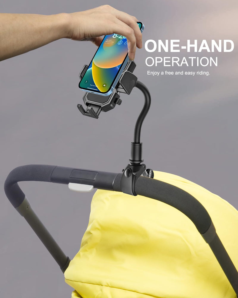 Gooseneck Stroller Phone Holder, Cell Phone Mount Pole Clamp for Baby Stroller, Shopping Cart, wheelchair, One Hand Operation Clip for iPhone Air 17 Pro Max 16 15 14 13 12 Plus, S25, 4-7" Smartphones
