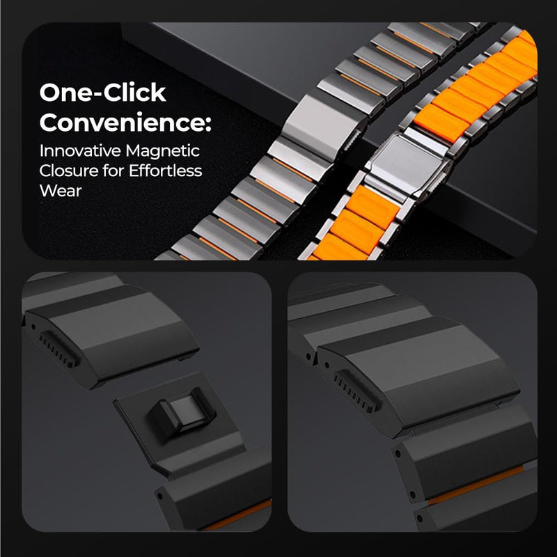 22mm Universal Titanium Watch Band for Huawei GT6/GT6 Pro/GT5/4/3 Pro/3 46mm, Garmin Fenix 8 47mm/Fenix 6 Pro/7/5 Plus- Hybrid Silicone Lining, Adjustable, Lightweight Anti-Slip, No Hair Pull black grey 22mm