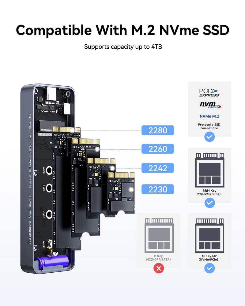 DOCKCASE Smart M.2 NVMe SSD Enclosure, 10s Power Loss Protection (PLP), 10Gbps USB 3.2 Gen 2 Type-C External Hard Drive Case, Fits 2230/2242/2260/2280 NVMe M/B+M Key 4.0 TB