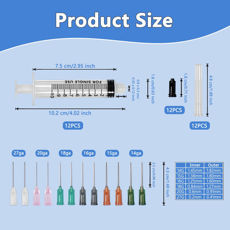 Pack of 12 Reusable Luer Lock Syringe, 10 ml Screw Cap Syringe, Threaded Syringe with 14-27G Dosing Needles and Caps Blunt Needle, Dosing Feeding Syringe for Pet Feeding Watering
