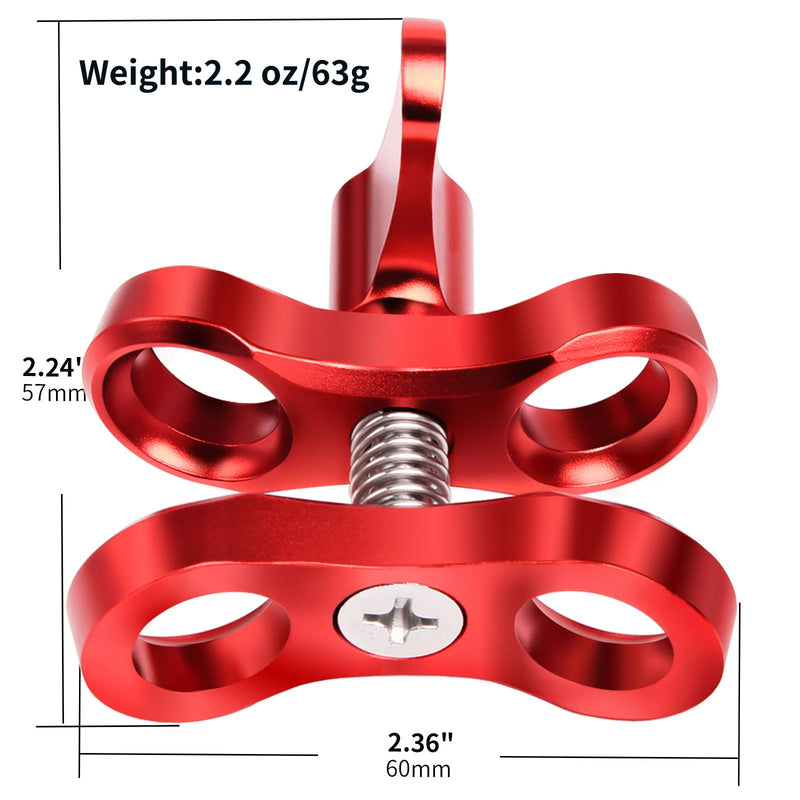 2-Hole 1" Aluminum Underwater Camera Clamp Ball Mount (2-Pack) - Underwater Bracket for Diving Light Arms & Camera Trays, Saltwater-Resistant Adapter for Scuba Photography/Videography Gear Double Holes Red