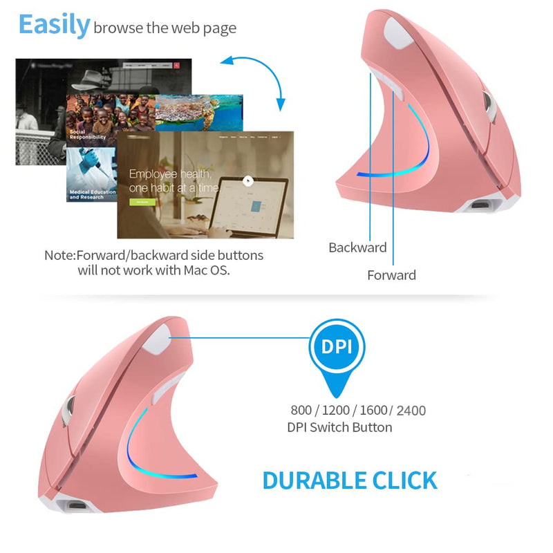 Vertical Mouse, Right Handed 2.4GHz Wireless Ergonomic Rechargeable Vertical Mouse with 4 Adjustable DPI 800/1200/1600/2400, 6 Buttons,Compatible with PC, Desktop,Mac (Pink)… Pink