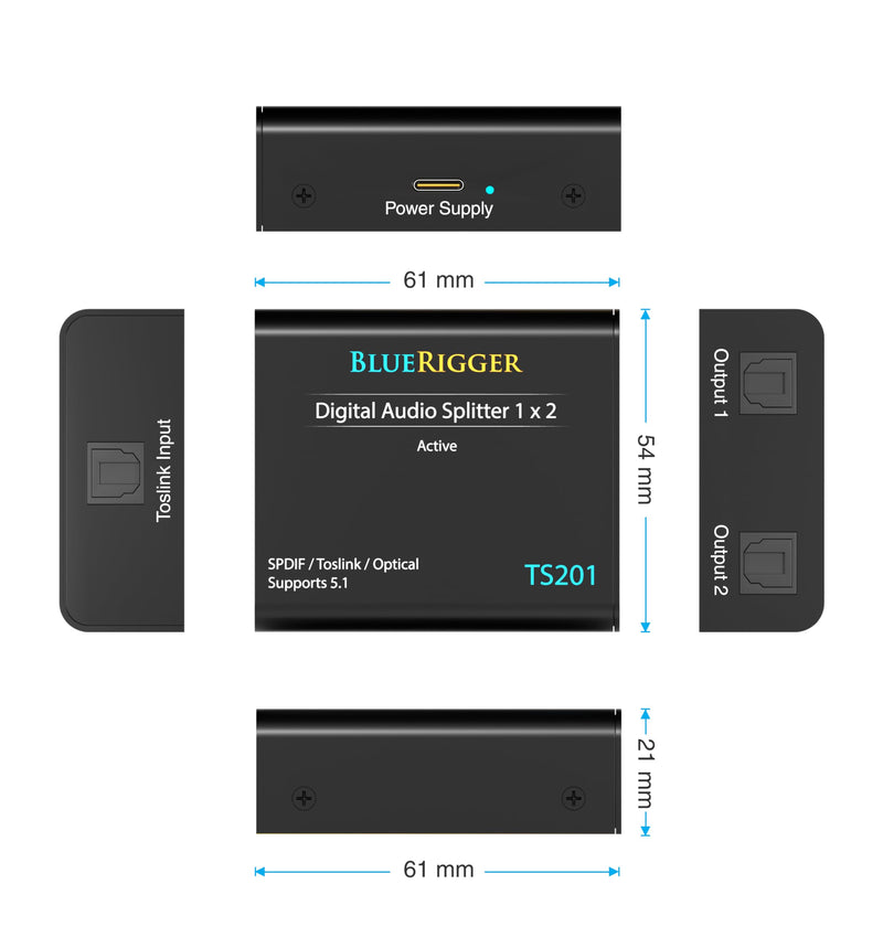 BlueRigger Digital Optical Audio Splitter (Active Toslink Splitter 1 in 2 Out, SPDIF, Fiber Optic Adapter) - Compatible with Home Theatre, Xbox, PS4, DVD, Receiver, TV, LPCM2.0, DTS, Dolby Digital Active 1x2