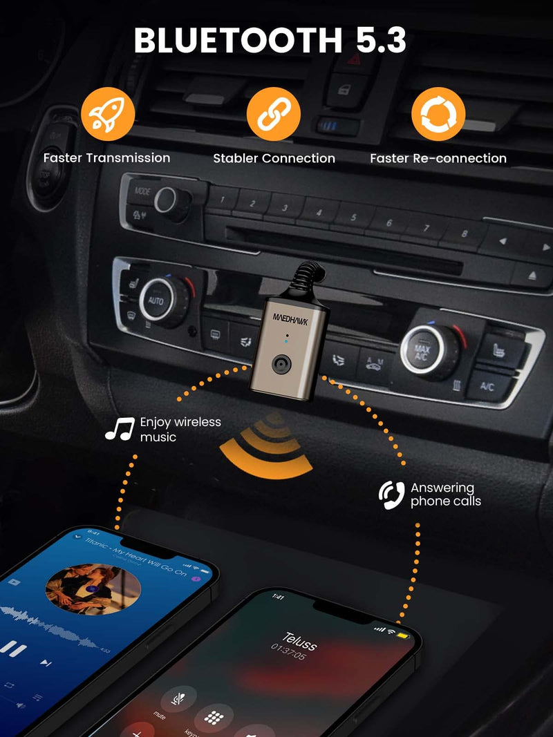 [AUSTRALIA] - MaedHawk Portable Bluetooth 5.3 Wireless Audio Receiver, Rotatable 3.5mm Adapter for Car Home Stereo Speaker Wired Headphones, Hands-Free Calls 