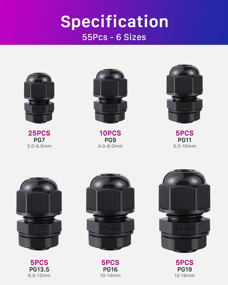 ANVINKU Cable Gland, Waterproof with Seals, 55 Pieces, PG7 PG9 PG11 PG13.5 PG16 PG19 Cable Grommet Waterproof, Black Adjustable Cable Glands Set PG7/PG9/PG11/PG13.5/PG16/PG19