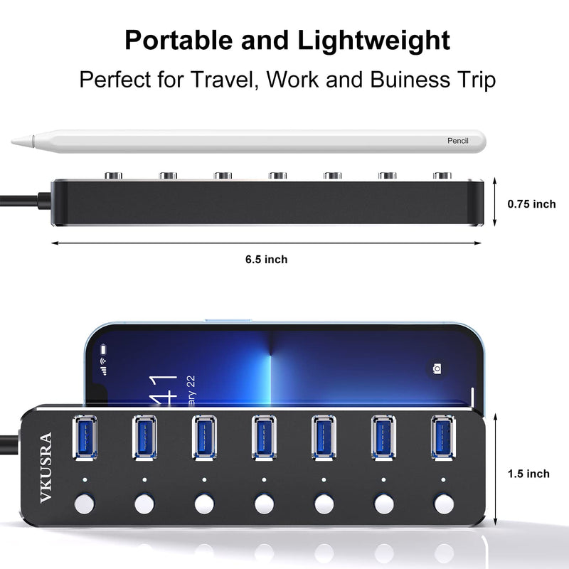 USB Hub,VKUSRA 7 Port USB Hub 3.0 with 4ft USB Extension Cable Multiple Port,Individual USB On/Off Switch and LED Indicator,USB Splitter for Laptop,Mac,Xbox,Printer, Flash Drive USB HUB 7 PORTS