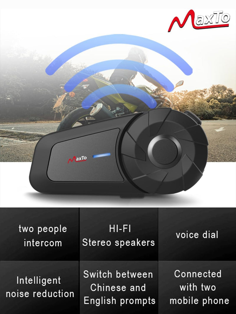 MAXTO MX1 Motorcycle Bluetooth Headset for 2 Riders 800M Intercom, 1 Pack | IPX6 Waterproof, HiFi Stereo Sound, Universal Intercom Communication Systems, 2 in1 Microphone, Motorcycle Helmet Speakers