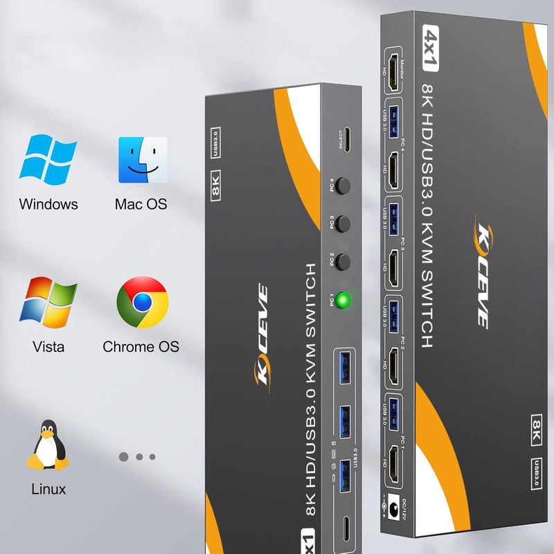 8K KVM Switch 1 Monitor 4 Computers 8K@60Hz 4K@120Hz, HDMI KVM Switch with 3 USB 3.0 Ports for 4 Computers Share 1 Monitor Keyboard Mouse Printer, with 2 USB Cables and Controller black USB+HDMI
