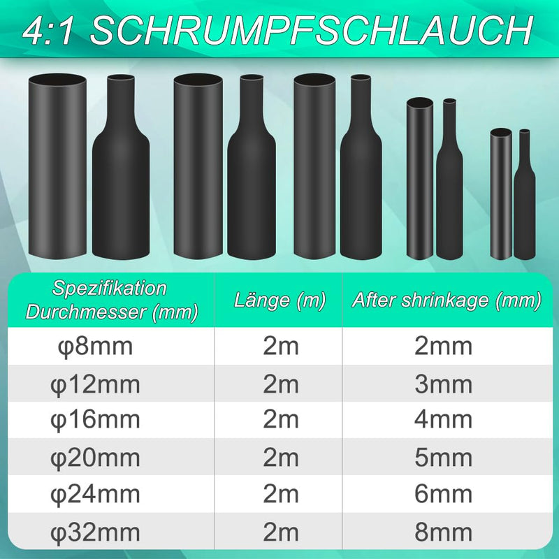 2 Pieces 4:1 Heat Shrink Tubing, Diameter 8 mm & 2 m Length, Heat Shrink Tubes with Adhesive, Waterproof and Insulation, Heat Shrink Tubing Sold by the Metre for Cable Insulation, Marking, Cable Ø8mm & 2m