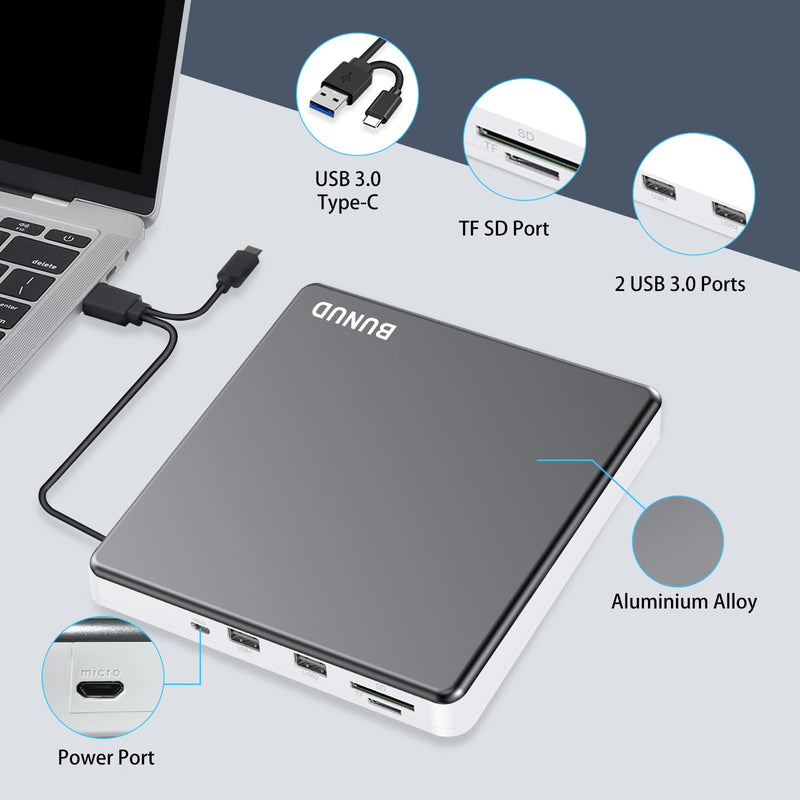 BUNUD External DVD Drive for Mac, Plug & Play with Reliable USB/SD/TF Ports | USB 3.0 & USB C DVD Player for Laptop PC, Portable CD Burner Reader SuperDrive for MacBook Windows, Aluminum Alloy, Grey
