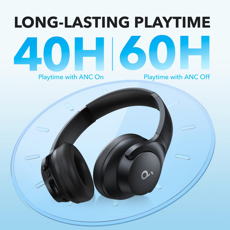 Soundcore by Anker Q20i Hybrid Active Noise Cancelling Headphones, Wireless Over-Ear Bluetooth, 40H Long ANC Playtime, Hi-Res Audio, Big Bass, Customize via an App, Transparency Mode BLACK