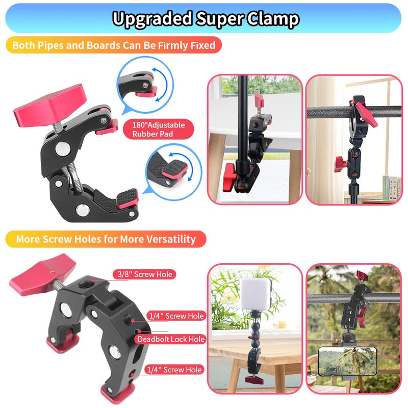 Upgraded 22in/57cm Adjustable Articulating Friction Magic Arm with 1/4" Thread & Super Clamp with Two 1/4" and one 3/8" Thread, Camera Mount for LED Light/Microphone Video Rig 22inch