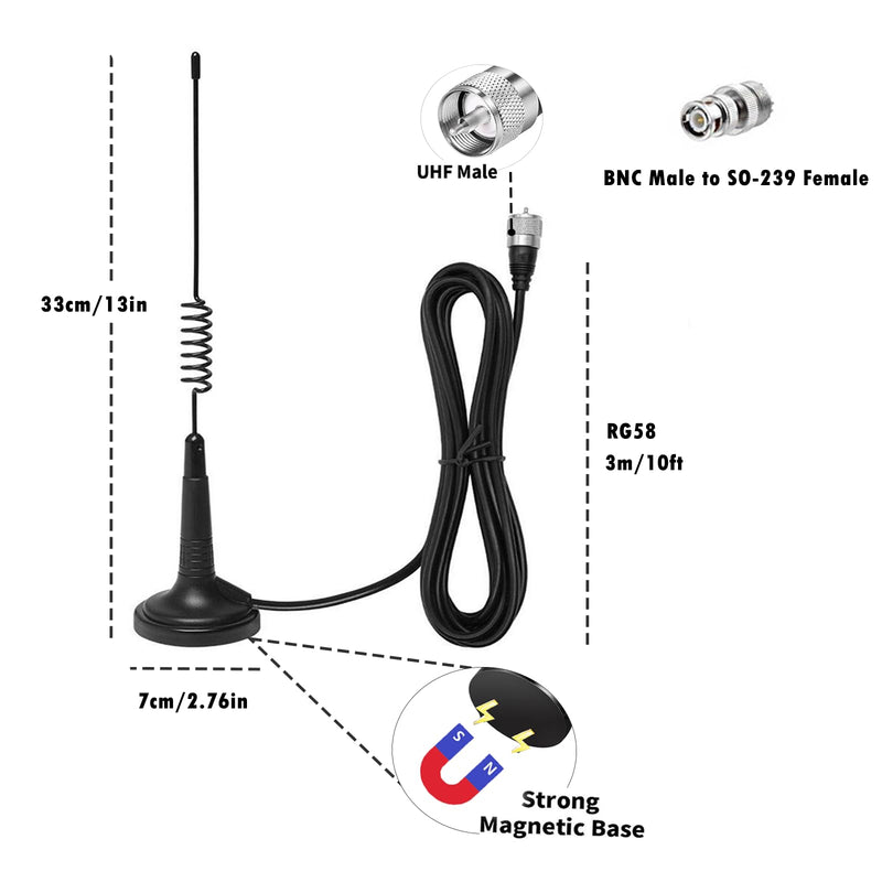 [AUSTRALIA] - Signalplus Magnetic Mount CB Radio Antenna Kit Magnet Base Coverage 26-28MHz for Mobile Handheld CB Radio, with 4meter RG58 Cable/ PL259 & BNC Male 