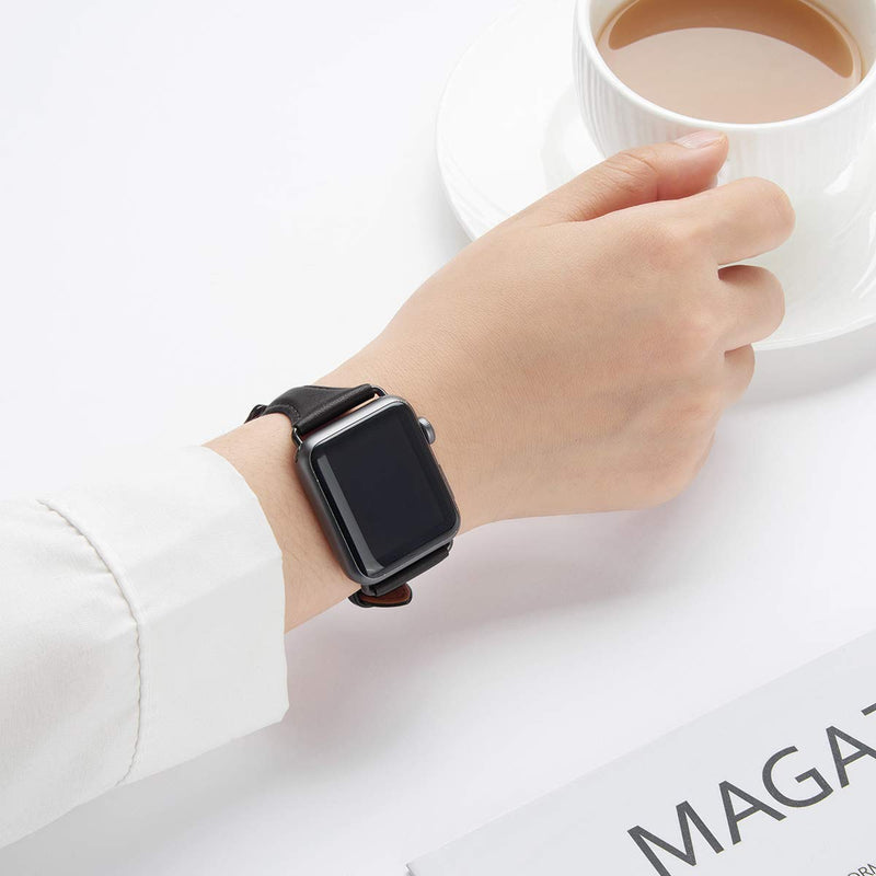 Slim Apple Watch Leather Band and Stainless Steel Metal Band for iWatch 38mm, 40mm, and 41mm，Black Black+Metal Black