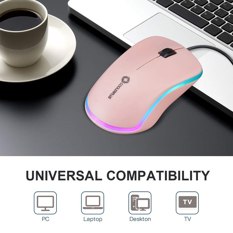 Coolerplus FC112 USB Optical Wired Computer Mouse with Easy Click for Office and Home, 1000DPI, Premium and Portable,Compatible with Windows PC, Laptop, Desktop, Notebook（Pink Pink