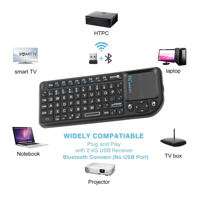 Rii Mini Wireless Keyboard with Touchpad＆QWERTY Keyboard,Support Bluetooth ＆2.4G Connection,Built-in Laser Pointer, Backlit Portable Keyboard Wireless with Remote Control, X1-BT Black.