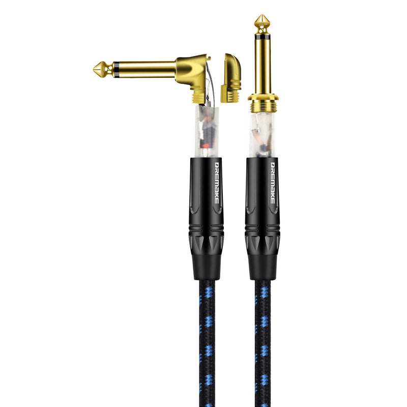 DREMAKE Cable 1/4" (6.3mm) Straight to Right Angle, Black/Blue Braided Tweed 1/4 Inch to 1/4 Inch Patch Cord, 25FT Instrument Guitar Cable for Keyboards, Electric Mandolin, Pro Audio to Amp 25FT/7.5M Black&Blue