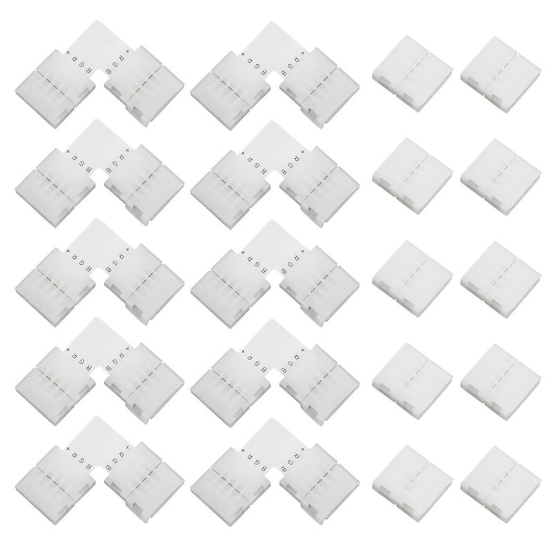 Pack of 20 4-Pin 10 mm LED Connector for SMD 5050 RGB LED Strips, 10 Pieces L-shaped Corner Connector and 10 Pieces LED Strips, Quick Connector, 4-Pin 10 mm RGB Strip Connector Solderless