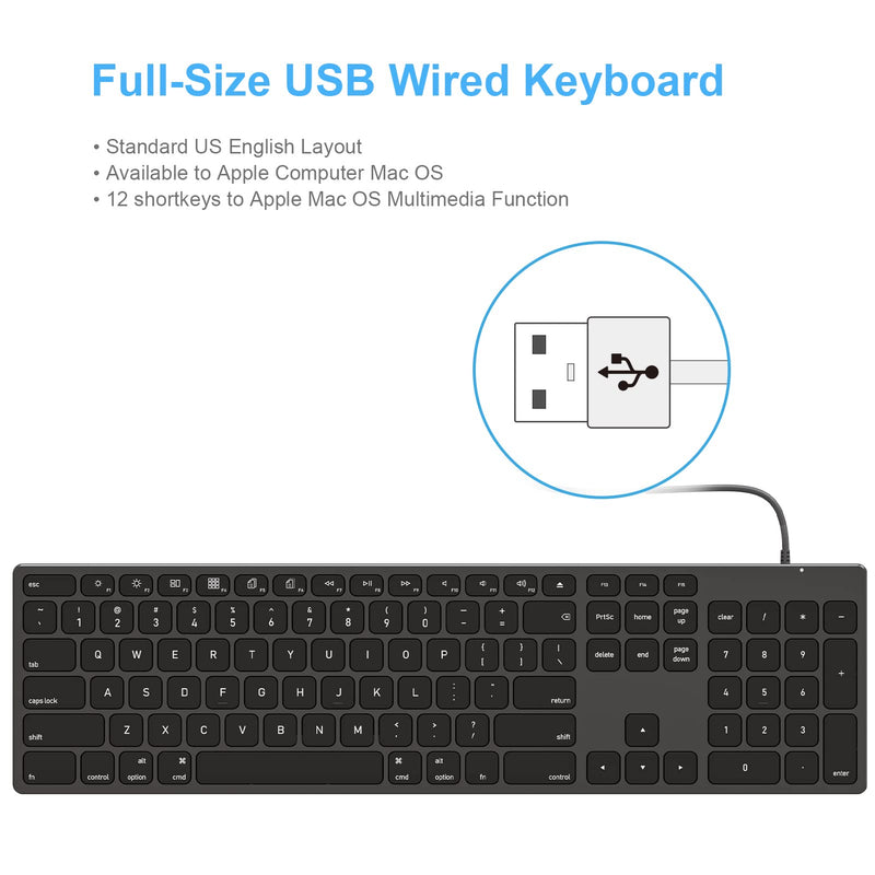 Aluminum USB Wired Keyboard with Numeric Keypad for Mac Pro, Mini Mac, iMac, iMac Pro, MacBook Pro/Air, Laptop and PC Computer Black